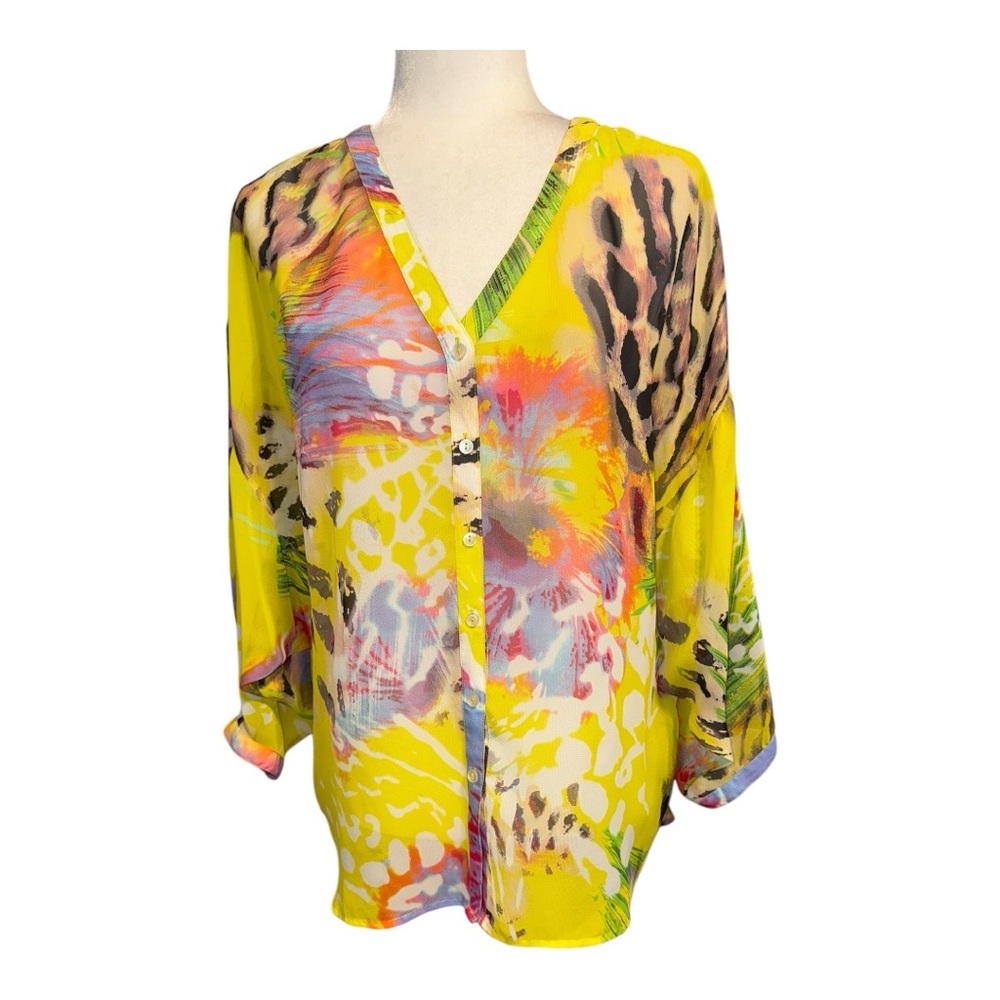 IJeans By Buffalo Vibrant Yellow Safari Print Button Front Blouse Sz M